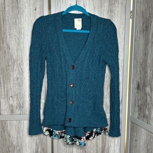 Far Away Close Cardigan Peplum Hem V Neckline Pockets Bohemian Blue Sz XS